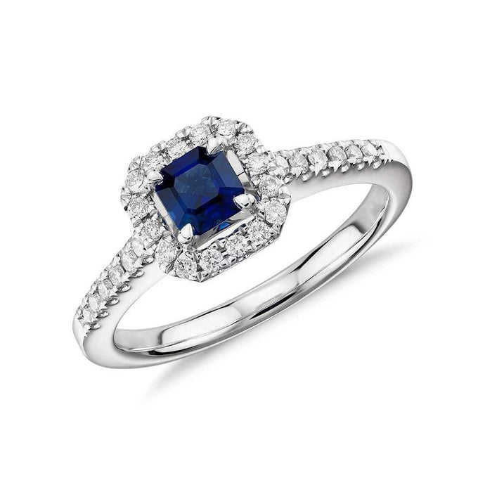 Asscher geslepen blauwe saffier en diamanten ring wit goud 1.55 karaat - harrychadent.nl