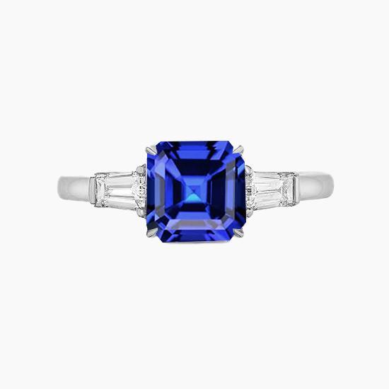 Baguette Diamant 3 Stenen Ring Asscher Geslepen Blauwe Saffier 2,50 Karaat - harrychadent.nl