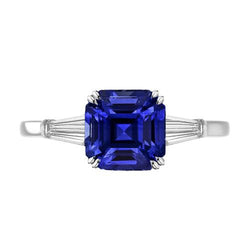 Baguette Diamant 3 Stenen Ring Diepblauwe Asscher Geslepen Saffier 2 Karaat