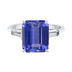 Baguette Diamond 3 Stone Ring Emerald Cut Ceylon Sapphire 2,75 karaat