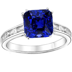 Baguette Diamond kussen blauwe saffier ring 4 karaat goud 14K sieraden