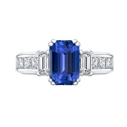 Blauwe Saffier 3 Steen Emerald Cut Ring & Prinses Diamanten 4 Karaat