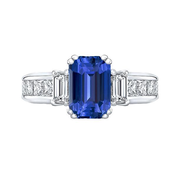 Blauwe Saffier 3 Steen Emerald Cut Ring & Prinses Diamanten 4 Karaat - harrychadent.nl