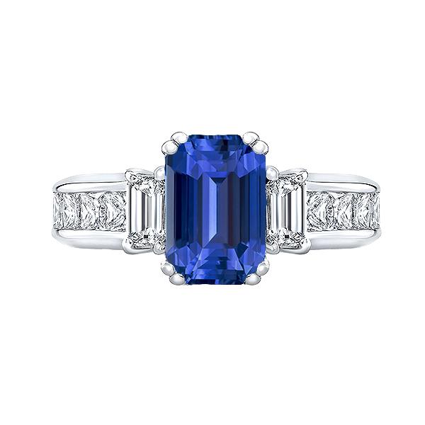 Blauwe Saffier 3 Steen Emerald Cut Ring & Prinses Diamanten 4 Karaat - harrychadent.nl