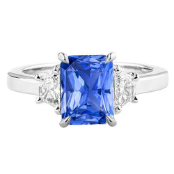 Blauwe Saffier 3 Stenen Ring Halve Maan Diamanten Prong Set 3,50 Karaat