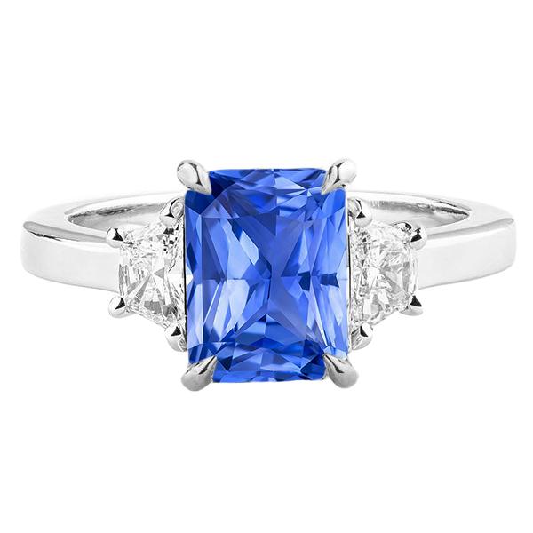 Blauwe Saffier 3 Stenen Ring Halve Maan Diamanten Prong Set 3,50 Karaat - harrychadent.nl