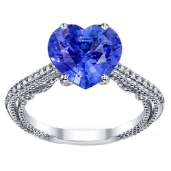 Blauwe Saffier Diamanten Ring 3 Karaat Pave Set Accenten Goud 14K Milgrain