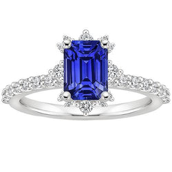Blauwe Saffier & Diamanten Ring 4,25 Karaat Emerald Solitaire Met Accenten