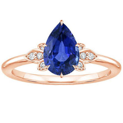 Blauwe Saffier Edelsteen Ring Peer & Ronde Diamanten Bloemenstijl 3 Karaat