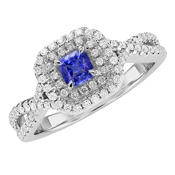 Blauwe Saffier Halo Diamant Stralende Vorm Ring Twisted Shank 3,50 karaat - harrychadent.nl