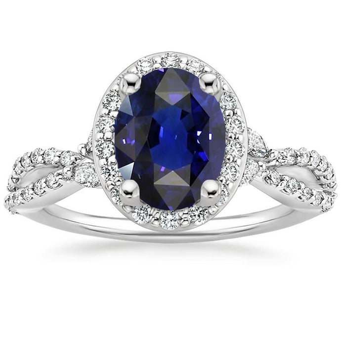 Blauwe Saffier Halo Jubileumring Twist Style 5 Karaat Goud - harrychadent.nl