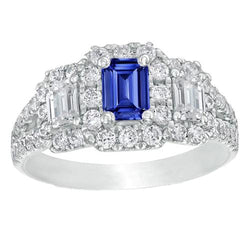 Blauwe Saffier Halo Ring Stralende Geslepen Smaragd & Ronde Diamanten 4 Karaat