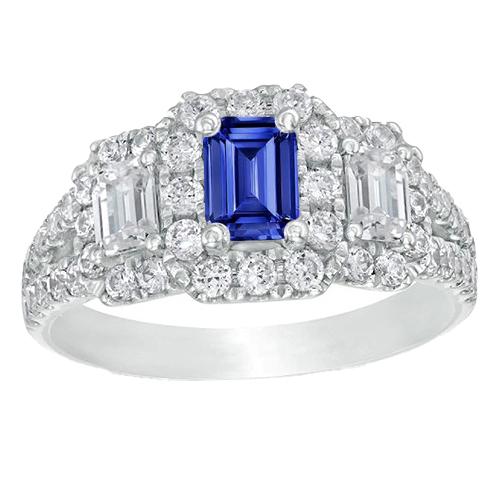 Blauwe Saffier Halo Ring Stralende Geslepen Smaragd & Ronde Diamanten 4 Karaat - harrychadent.nl