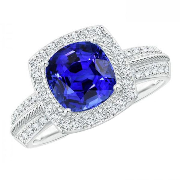 Blauwe Saffier Halo Ring Touw Stijl 5 Karaat Dubbele Schacht Diamanten - harrychadent.nl