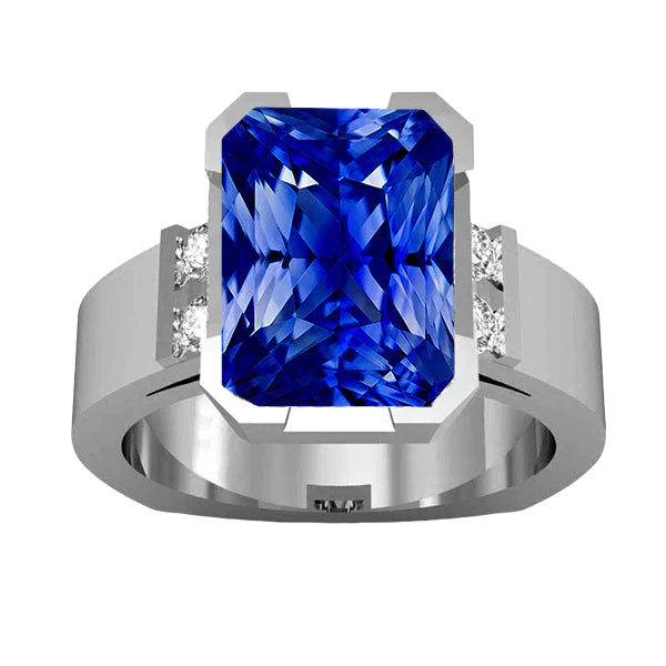 Blauwe Saffier Heren Ring 4 Karaat Bar Set Gouden Prinses Diamanten