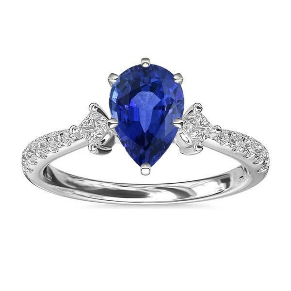 Blauwe Saffier Ring SriLanka Drie Steen Diamanten Accenten Peer 3 Karaat - harrychadent.nl