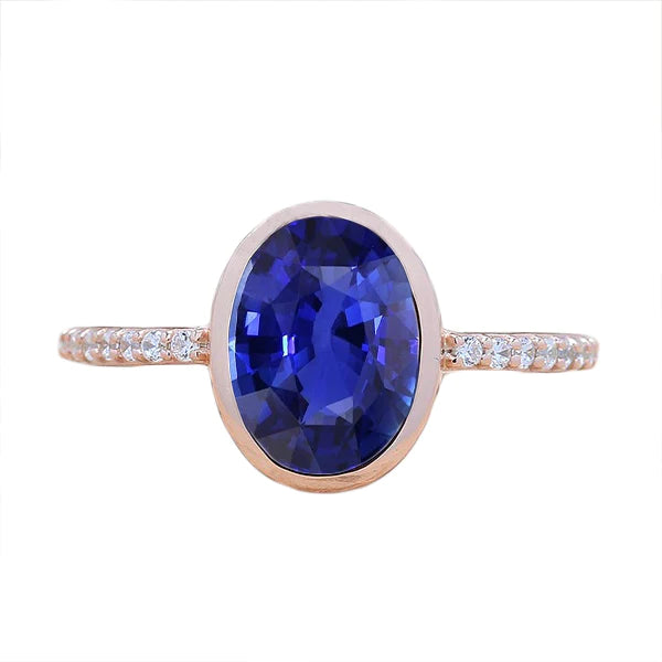 Blauwe Saffier Solitaire Ring Bezel Set Met Diamanten Goud 3,50 Karaat