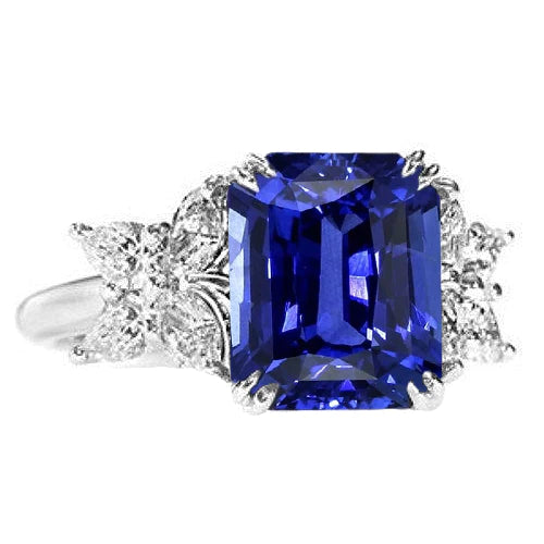 Blauwe Saffier Trouwring Smaragd Vlinderstijl Diamanten 3 Karaat