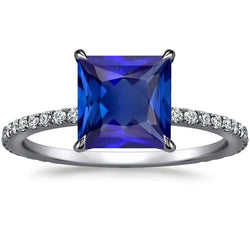 Blauwe Saffier Verlovingsring Met Pave Diamanten Accenten 6 Karaat