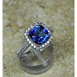 Blauwe kussen geslepen saffier Halo diamanten trouwring 3,5 kt goud 14K