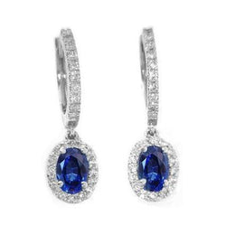 Blauwe ovale saffier en diamant 3.06 karaats druppeloorbel wit goud 14K