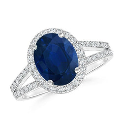 Blauwe ovale saffier ring met accenten diamant wit goud 14K 3,50 Ct