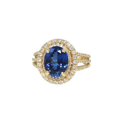 Blauwe ovale tanzaniet diamanten ring 6 kt 14k geel goud