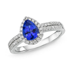 Blauwe peervorm tanzaniet en ronde diamanten 4.75 ct ring 14k goud