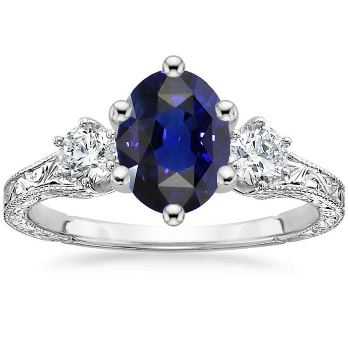 Blauwe saffier 3 stenen ring & diamanten 2,50 karaat antieke stijl - harrychadent.nl
