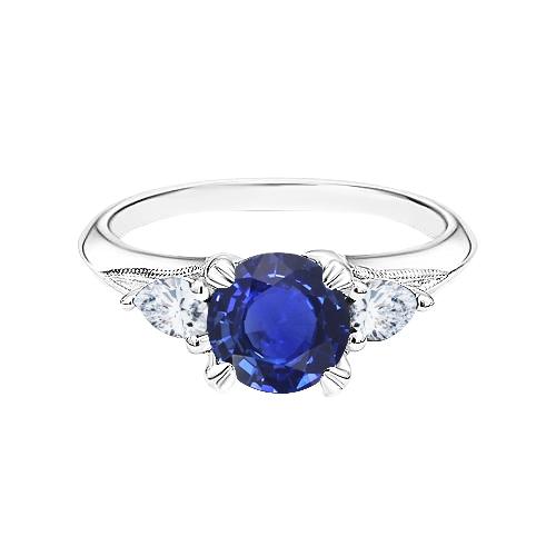 Blauwe saffier 3 stenen ronde saffier ring 1,50 karaat peer diamanten - harrychadent.nl