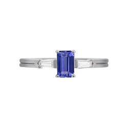 Blauwe saffier 3 stenen smaragd ring met stokbrood diamanten 2,25 karaat