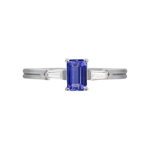 Blauwe saffier 3 stenen smaragd ring met stokbrood diamanten 2,25 karaat - harrychadent.nl