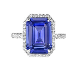 Blauwe saffier Halo Emerald Cut Ring 5,50 karaat diamanten sieraden