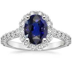 Blauwe saffier Halo verlovingsring ovale en ronde diamanten 5,50 karaat