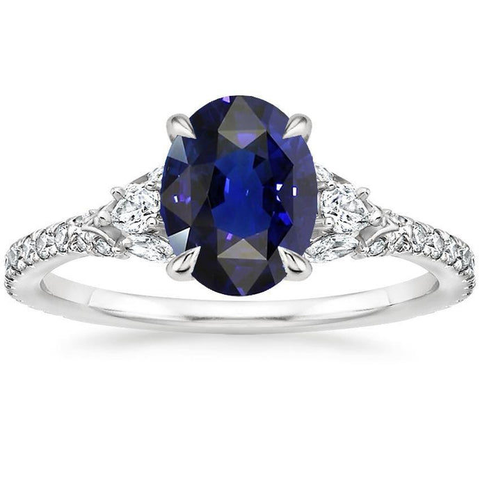 Blauwe saffier Solitaire met accenten Ring 5 karaat witgouden sieraden - harrychadent.nl