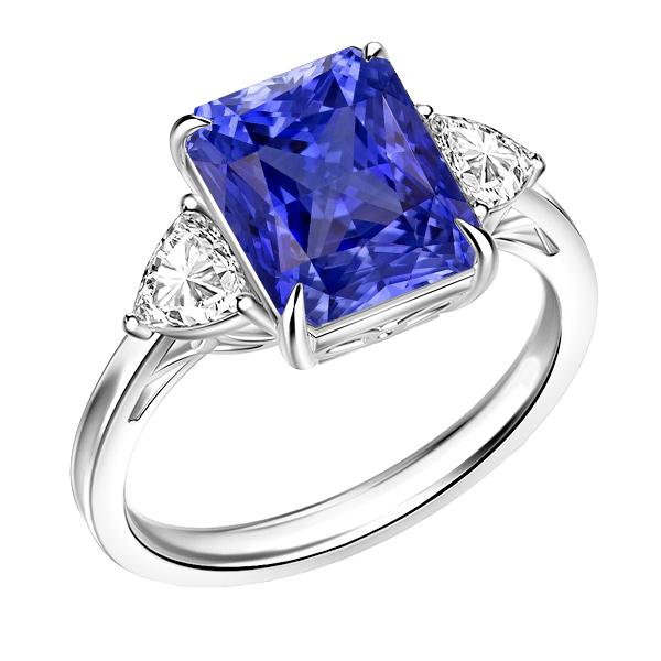 Blauwe saffier Trilliant diamant 3 stenen ring 3 karaat Trellis instelling - harrychadent.nl