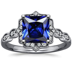Blauwe saffier diamanten Halo ring prinses geslepen vintage stijl 6 karaat