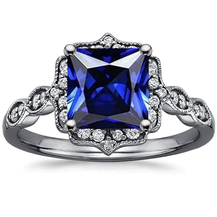 Blauwe saffier diamanten Halo ring prinses geslepen vintage stijl 6 karaat - harrychadent.nl