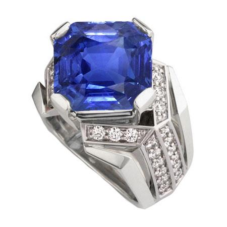 Blauwe saffier diamanten fancy ring 4,50 karaat Asscher & rond geslepen goud - harrychadent.nl
