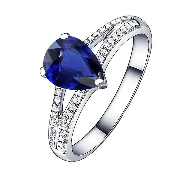 Blauwe saffier diamanten ring gespleten schacht 3 karaat witgoud 14K - harrychadent.nl