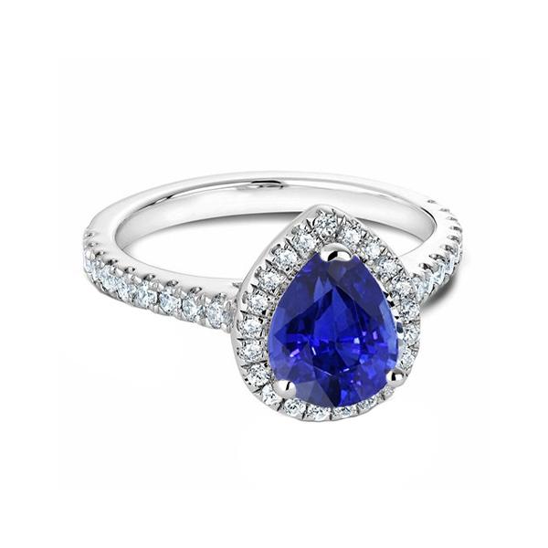 Blauwe saffier en diamanten Halo peer geslepen ring 3,50 karaat witgoud - harrychadent.nl