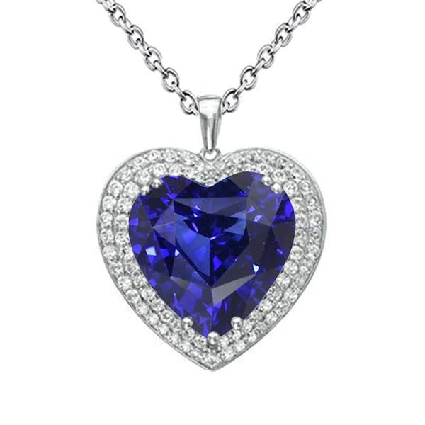 Blauwe saffier en diamanten dubbele halo hart hanger 6,50 karaat goud - harrychadent.nl