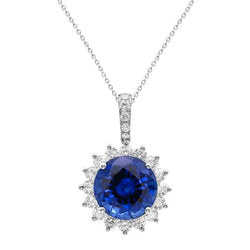 Blauwe saffier en diamanten hanger ketting 8,40 karaat witgoud 14K
