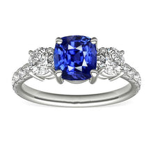 Afbeelding in Gallery-weergave laden, Blauwe saffier &amp; ronde diamanten ring 3,50 karaat 3 stenen stijl sieraden - harrychadent.nl
