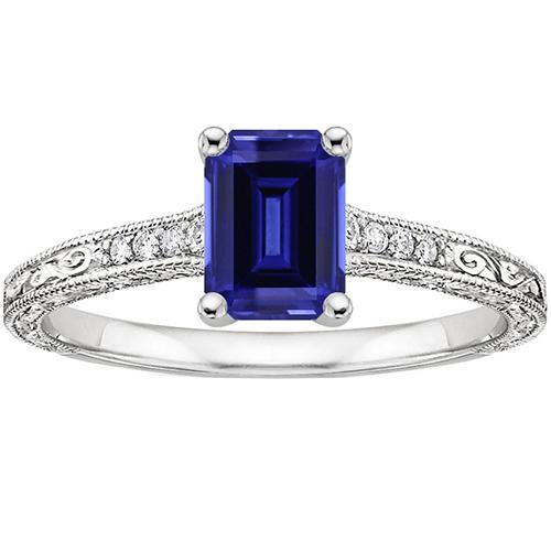 Blauwe saffier solitaire ring met diamanten Milgrain schacht 3,50 karaat - harrychadent.nl