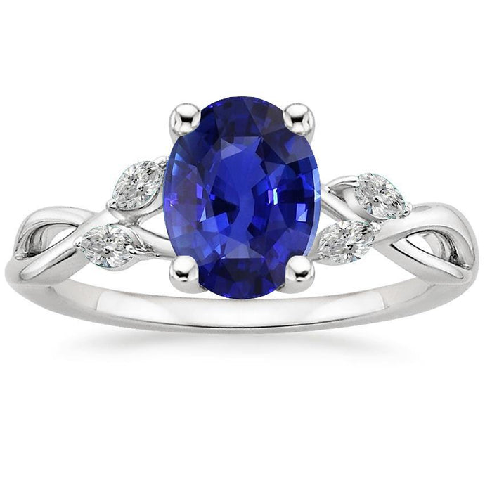 Blauwe saffier trouwring met markiezin diamanten 4 karaat twist stijl - harrychadent.nl