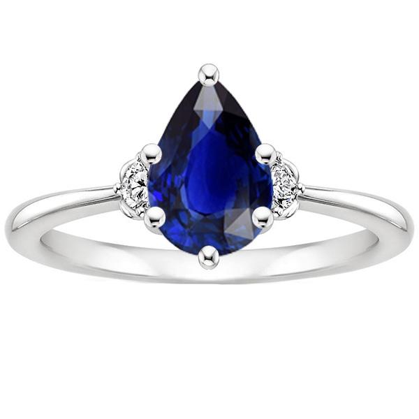 Blauwe saffier verlovingsring 3 stenen diamant peer geslepen 3,50 karaat - harrychadent.nl