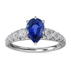 Blauwe saffier verlovingsring peervormig & diamanten 3,50 karaat