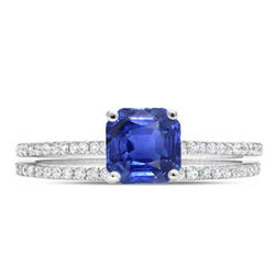 Blauwe saffier verlovingsring set Asscher geslepen wit goud 14K 3 karaat