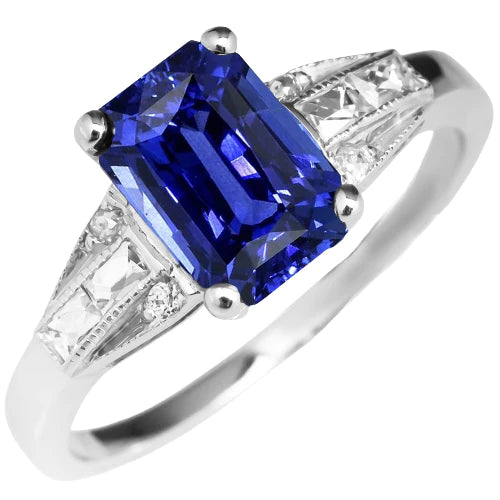 Blauwe smaragd saffier ring stokbrood & ronde diamant 4 karaat